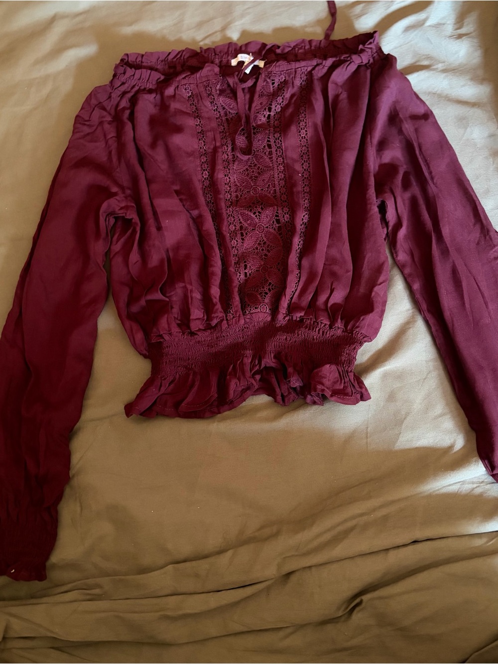 Women's Off-the-Shoulder Lace-Front Blouse - Wine